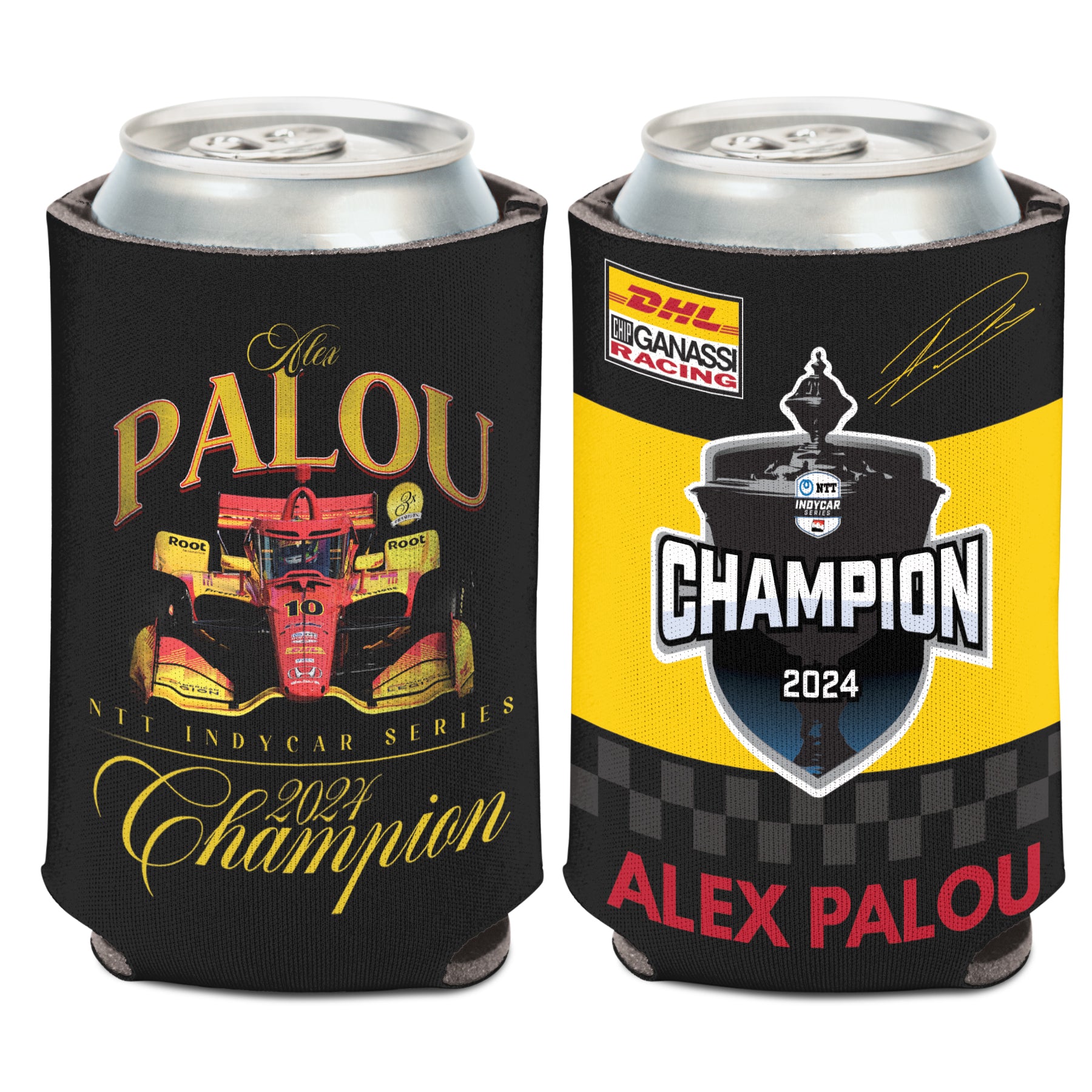 2024 NTT INDYCAR SERIES Champion - Alex Palou Can Cooler in Black - Front and Back View