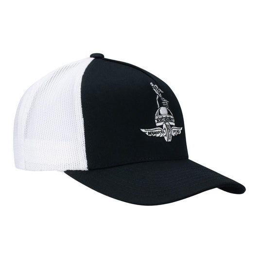 Wing Wheel Flag Borg Trophy Trucker Hat in black and white, side view