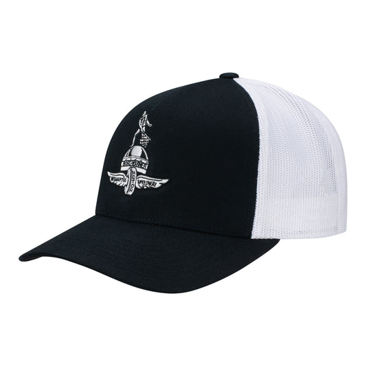 Wing Wheel Flag Borg Trophy Trucker Hat in black and white, front view