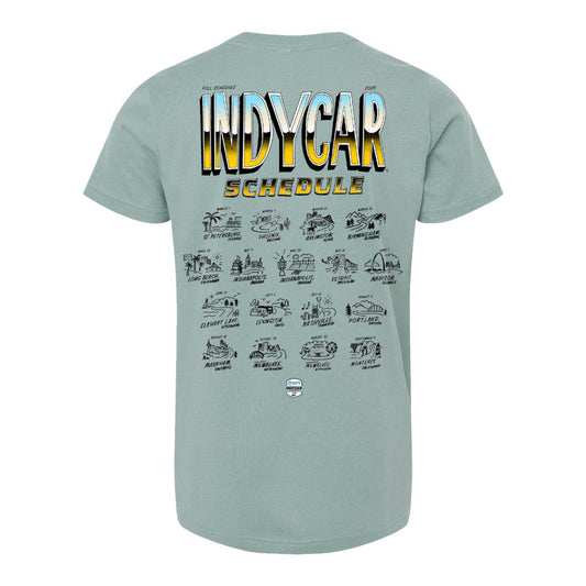 2026 NTT INDYCAR Series Schedule Youth T-Shirt in Green - Back View