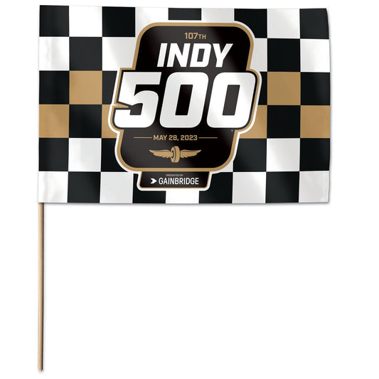 2023 Indianapolis 500 Stick Flag in Black, Gold & White Checkered Psttern - Front View