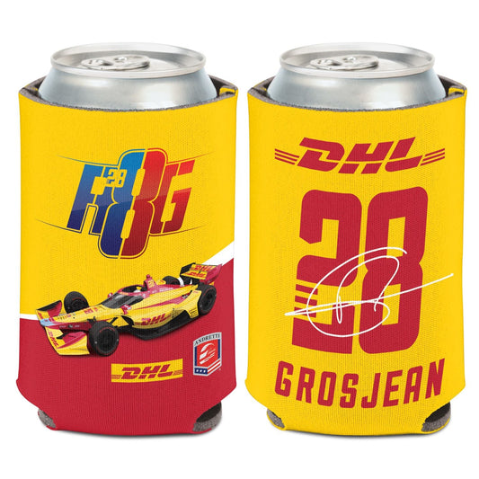 2023 Grosjean Can Cooler in yellow and red, front and back view