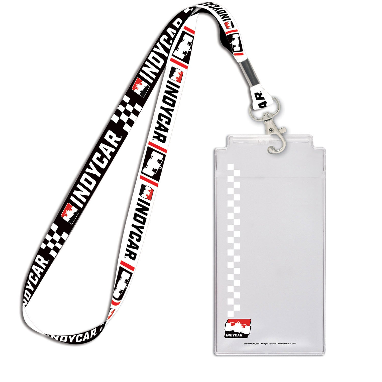 NTT INDYCAR SERIES Credential Holder & Lanyard Set in black, red and white - front view