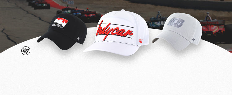 Banner featuring 3 different '47 brand baseball caps featuring the IndyCar logo or name