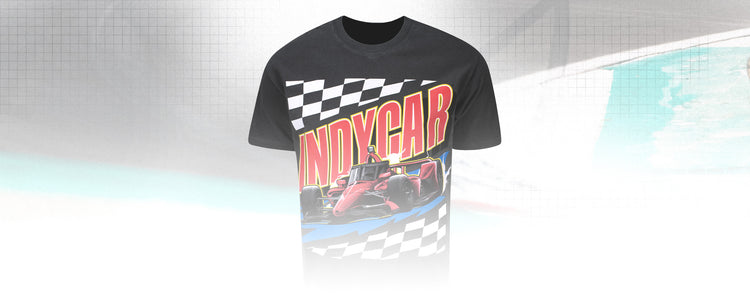 IndyCar Men's Oversized graphic tee featuring a red race car and checkered print design.