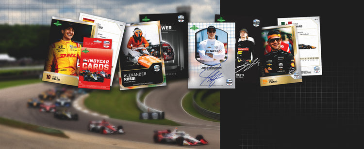 A collection of the 2025 IndyCar Trading Packs on a race track background