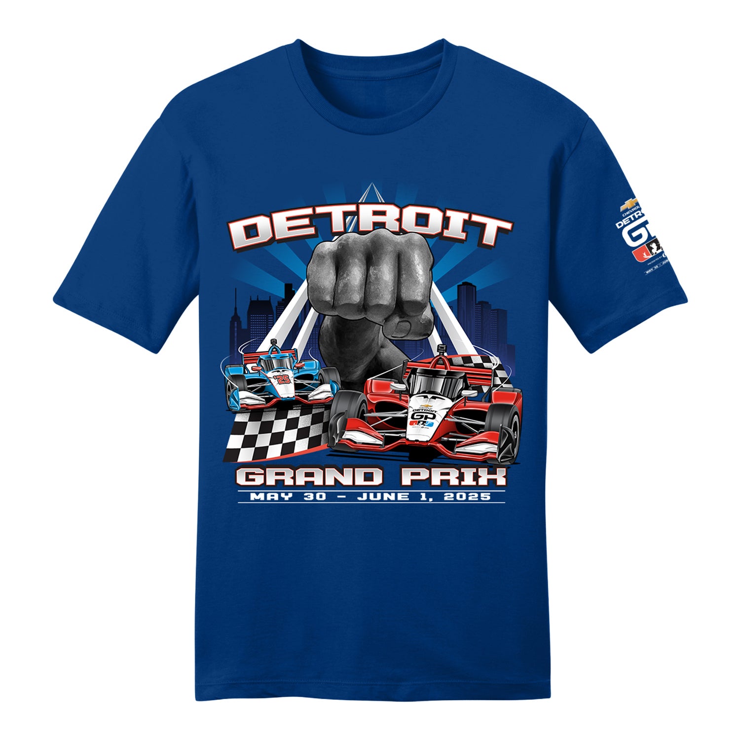 2025 Detroit Grand Prix Double Cars Shirt in Blue - Front View
