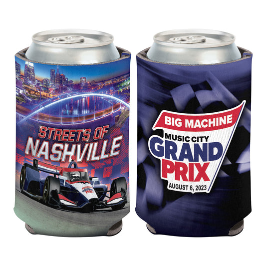 2023 Big Machine Music City Grand Prix Can Cooler in blues, front view