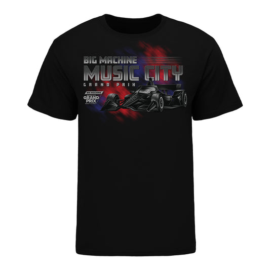 2023 Big Machine Music City Grand Prix Ghost Car Stadium T-shirt in black, front view
