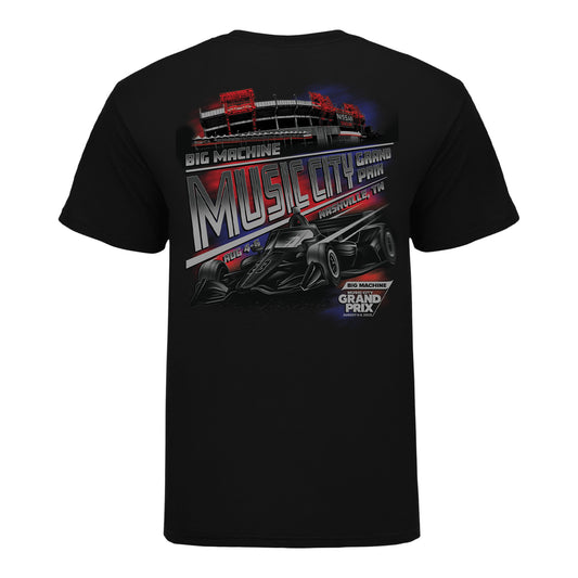 2023 Big Machine Music City Grand Prix Ghost Car Stadium T-shirt in black, back view