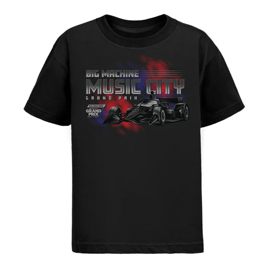 2023 Youth Big Machine Music City Grand Prix Ghost Car Stadium T-shirt in black, front view