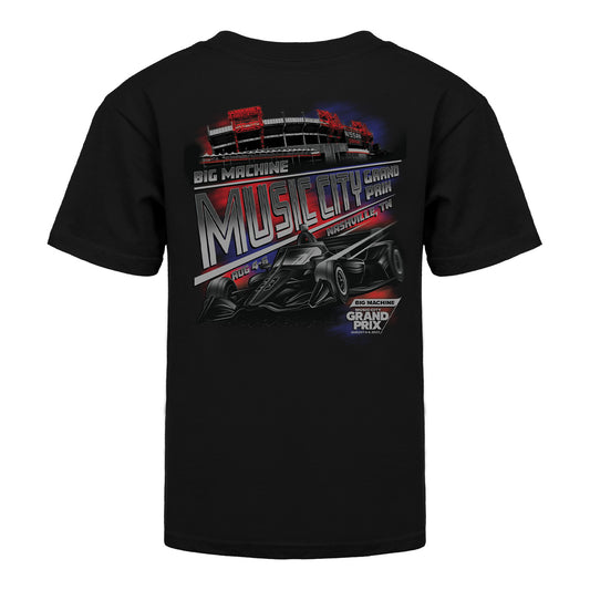 2023 Youth Big Machine Music City Grand Prix Ghost Car Stadium T-shirt in black, back view