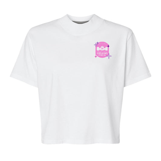 Ladies 2025 Borchetta Bourbon Music City Grand Prix Boxy Crop Top in White - Front View