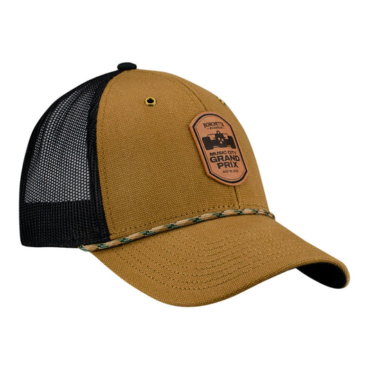 2026 Borchetta Bourbon Music City Grand Prix Leather Patch Hat in Brown - Front Right view