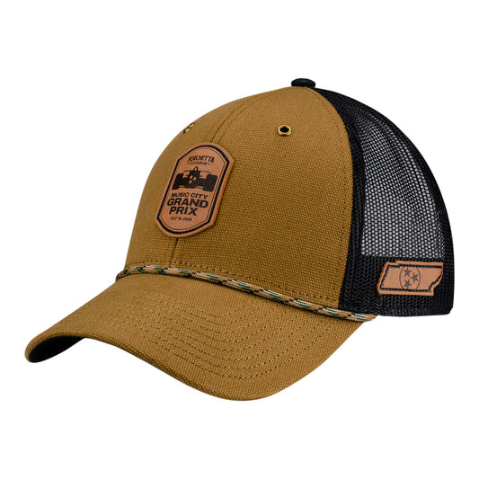 2026 Borchetta Bourbon Music City Grand Prix Leather Patch Hat in Brown - Front Left View