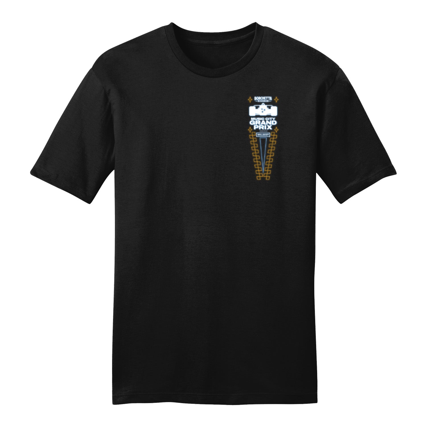 2025 Borchetta Bourbon Music City Grand Prix Neon Lights T-Shirt in Black - Front View