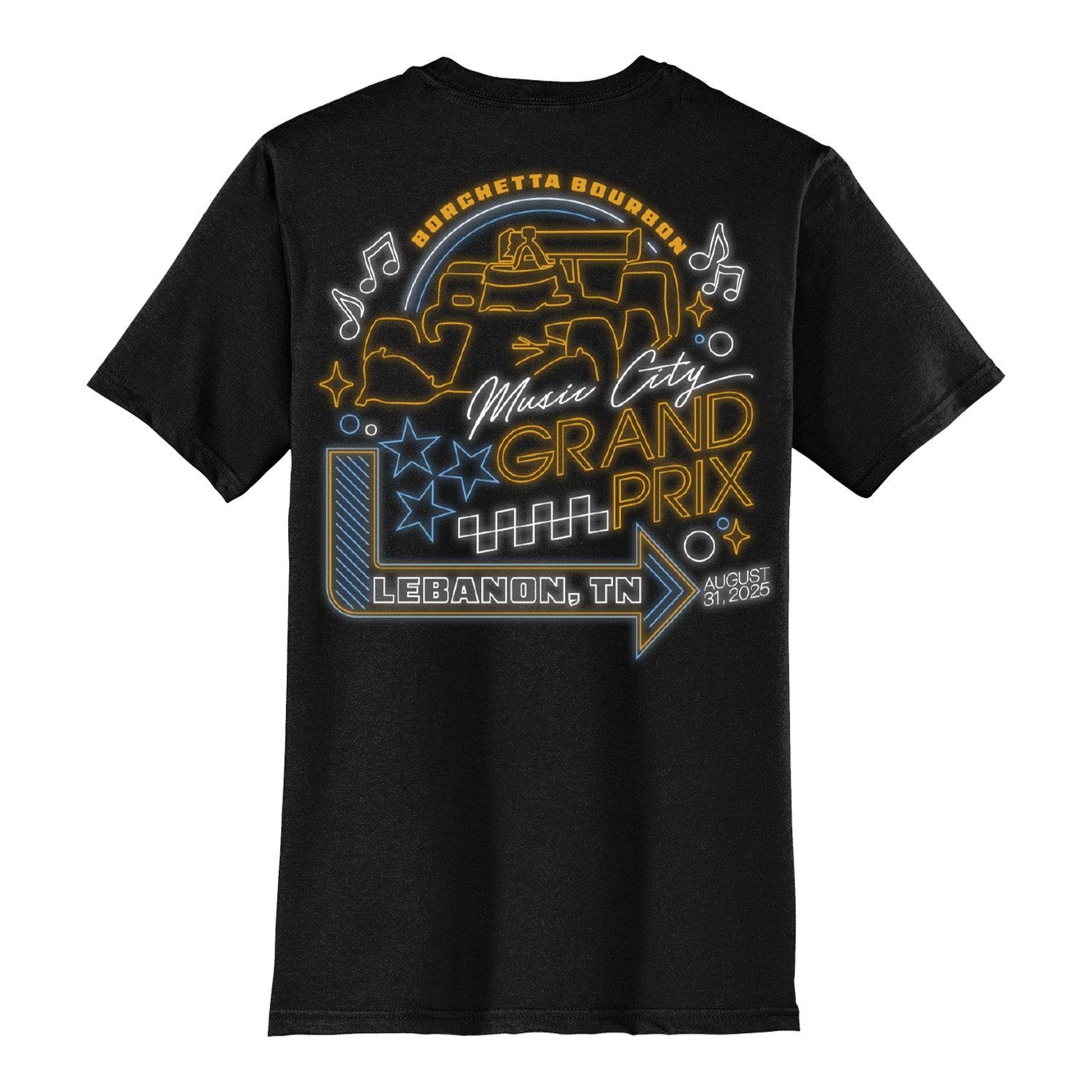 2025 Borchetta Bourbon Music City Grand Prix Neon Lights T-Shirt in Black - Back View