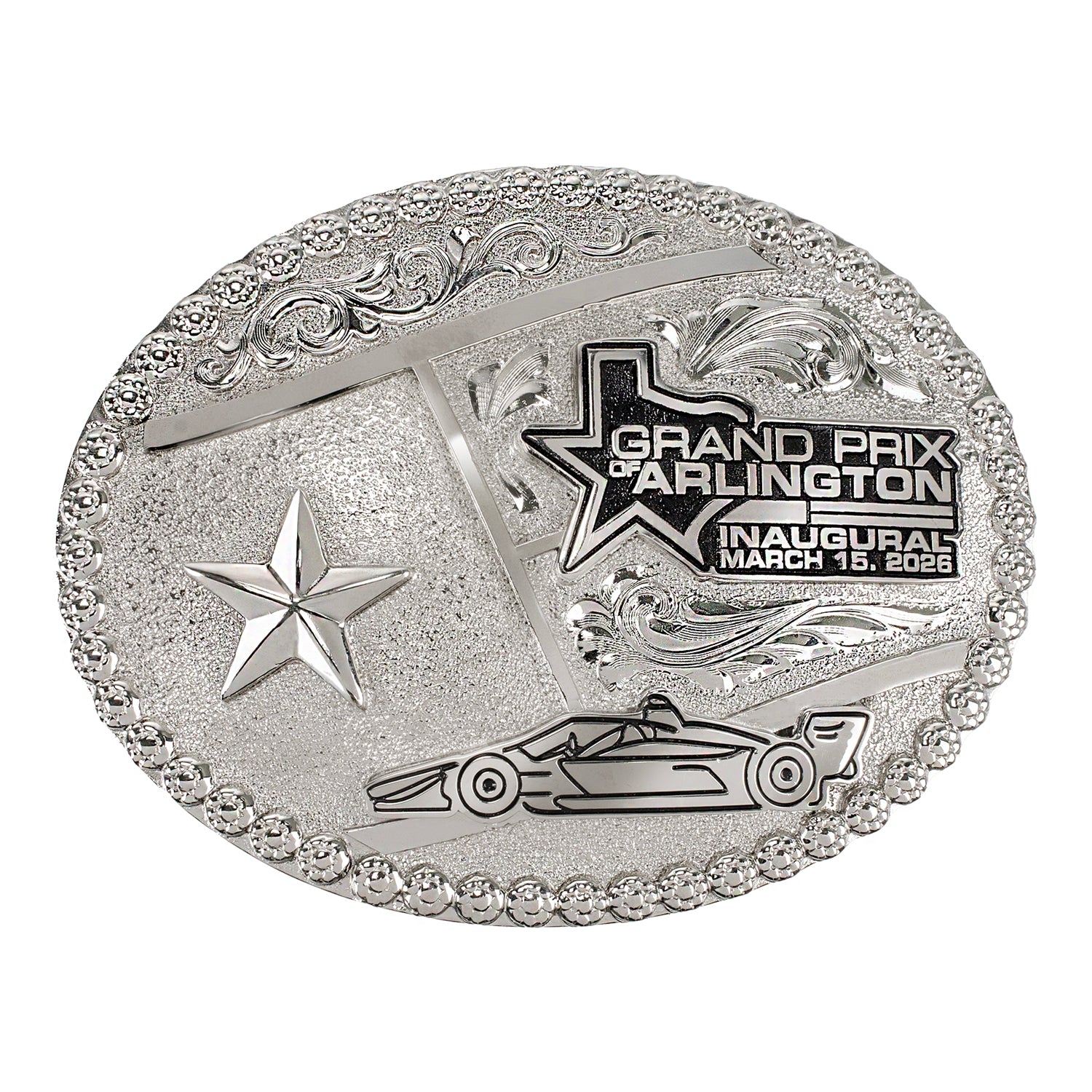 2026 Inaugural Grand Prix of Arlington Belt Buckle in Silver - Front View