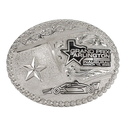 2026 Inaugural Grand Prix of Arlington Belt Buckle in Silver - Front View