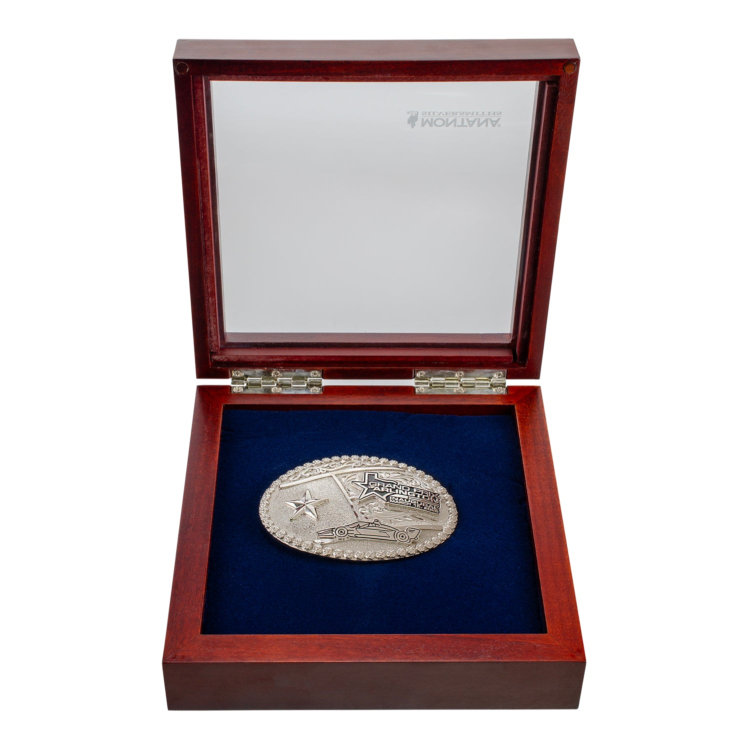 2026 Inaugural Grand Prix of Arlington Belt Buckle in Silver - Display Box Interior View