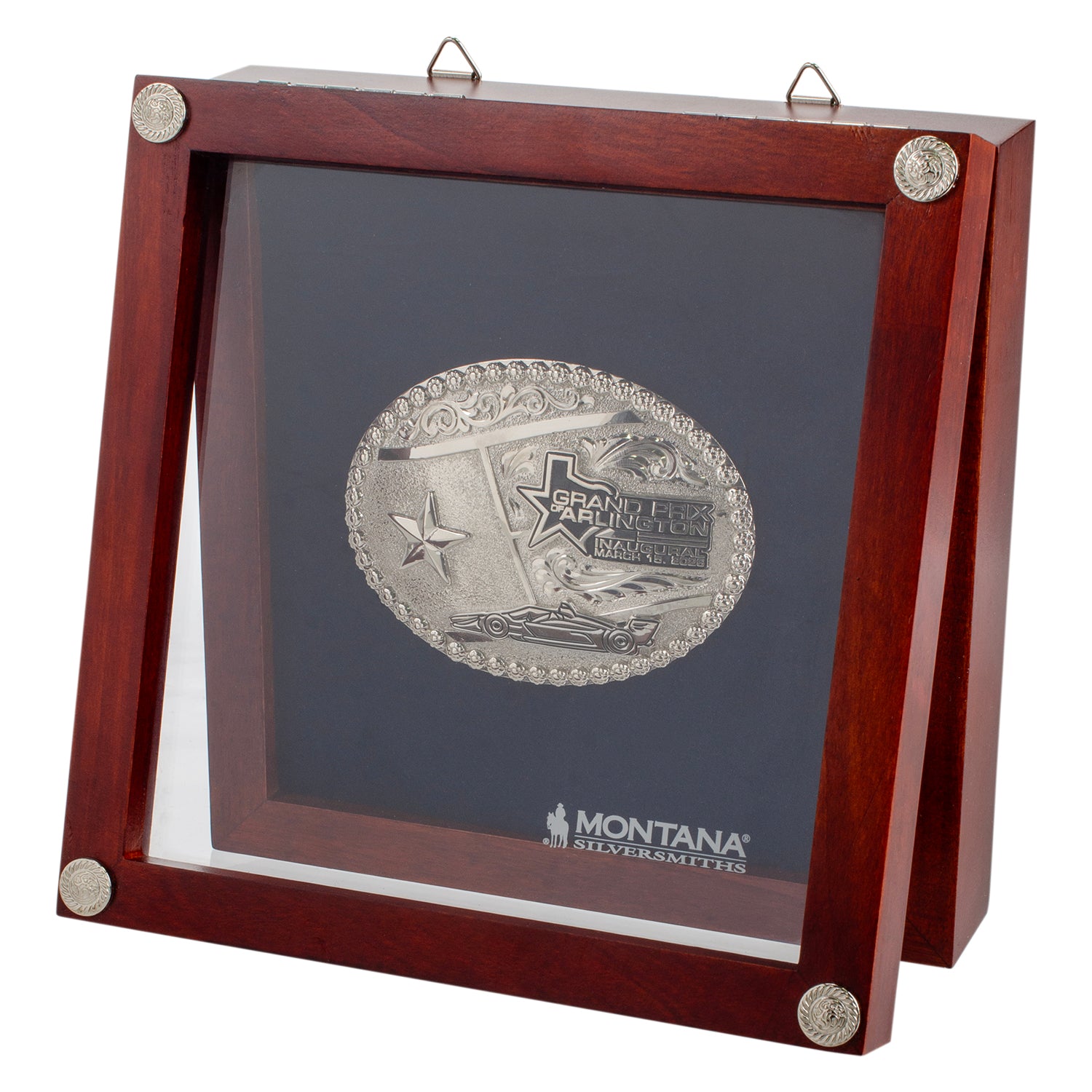 2026 Inaugural Grand Prix of Arlington Belt Buckle in Silver - Display Box Front View