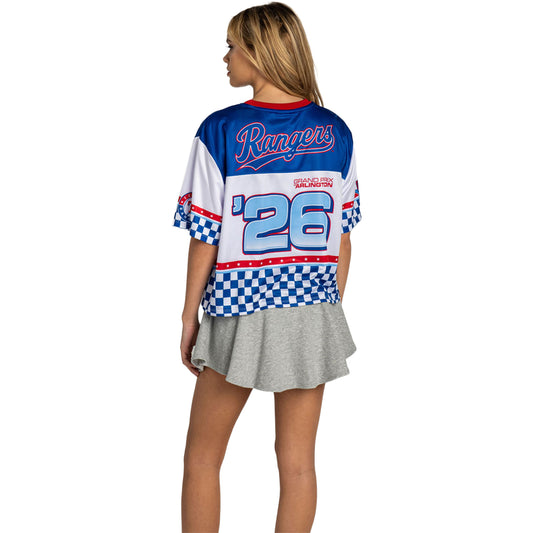 Grand Prix of Arlington x Texas Rangers Ladies Mesh Top in Blue and White - Back View