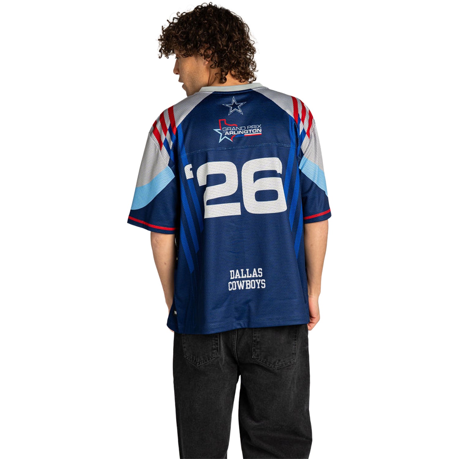 Model Wearing Grand Prix of Arlington x Cowboys Football Jersey in Blue - Back View