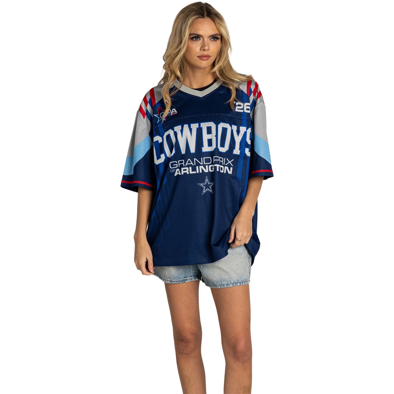 Model Wearing Grand Prix of Arlington x Cowboys Football Jersey in Blue - Front View