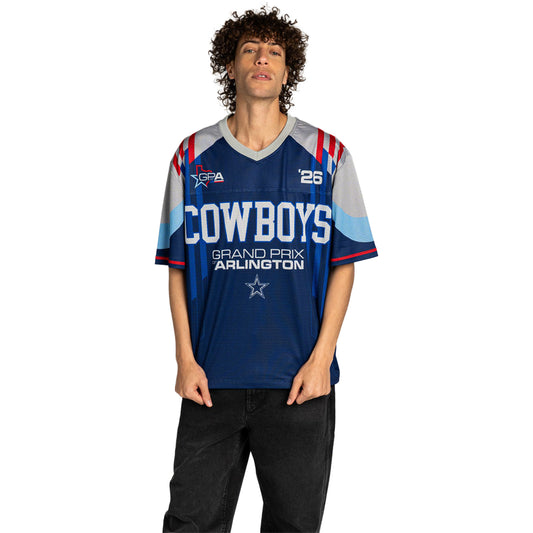 Model Wearing Grand Prix of Arlington x Cowboys Football Jersey in Blue - Front View