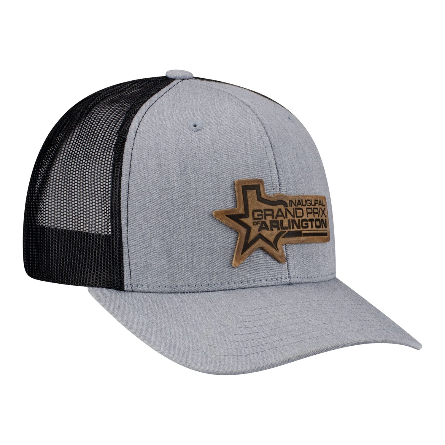 2026 Grand Prix of Arlington Meshback Leather Patch Hat Grey in Grey - Front Right View