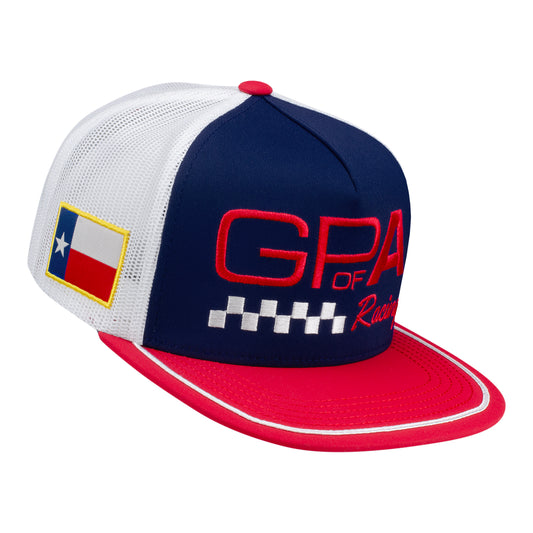 Grand Prix of Arlington HOOEY Flatbill Hat in White, Blue, and Red - Front Right View