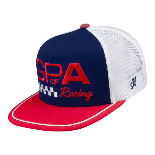 Grand Prix of Arlington HOOEY Flatbill Hat in White, Blue, and Red - Front Left View