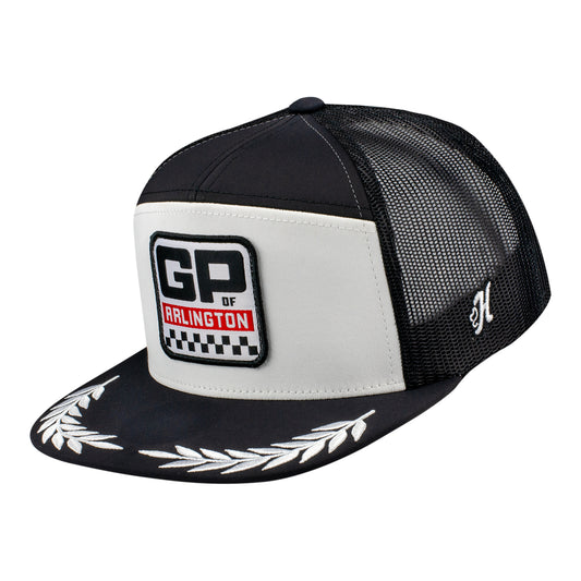 Grand Prix of Arlington HOOEY 7-Panel Hat in Black and White - Front Left View 