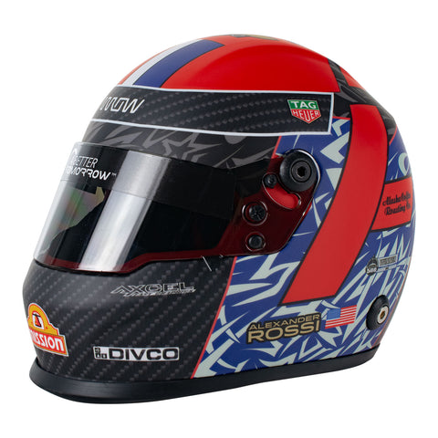 2023 Alexander Rossi Mini Helmet in red, blue and black - side view