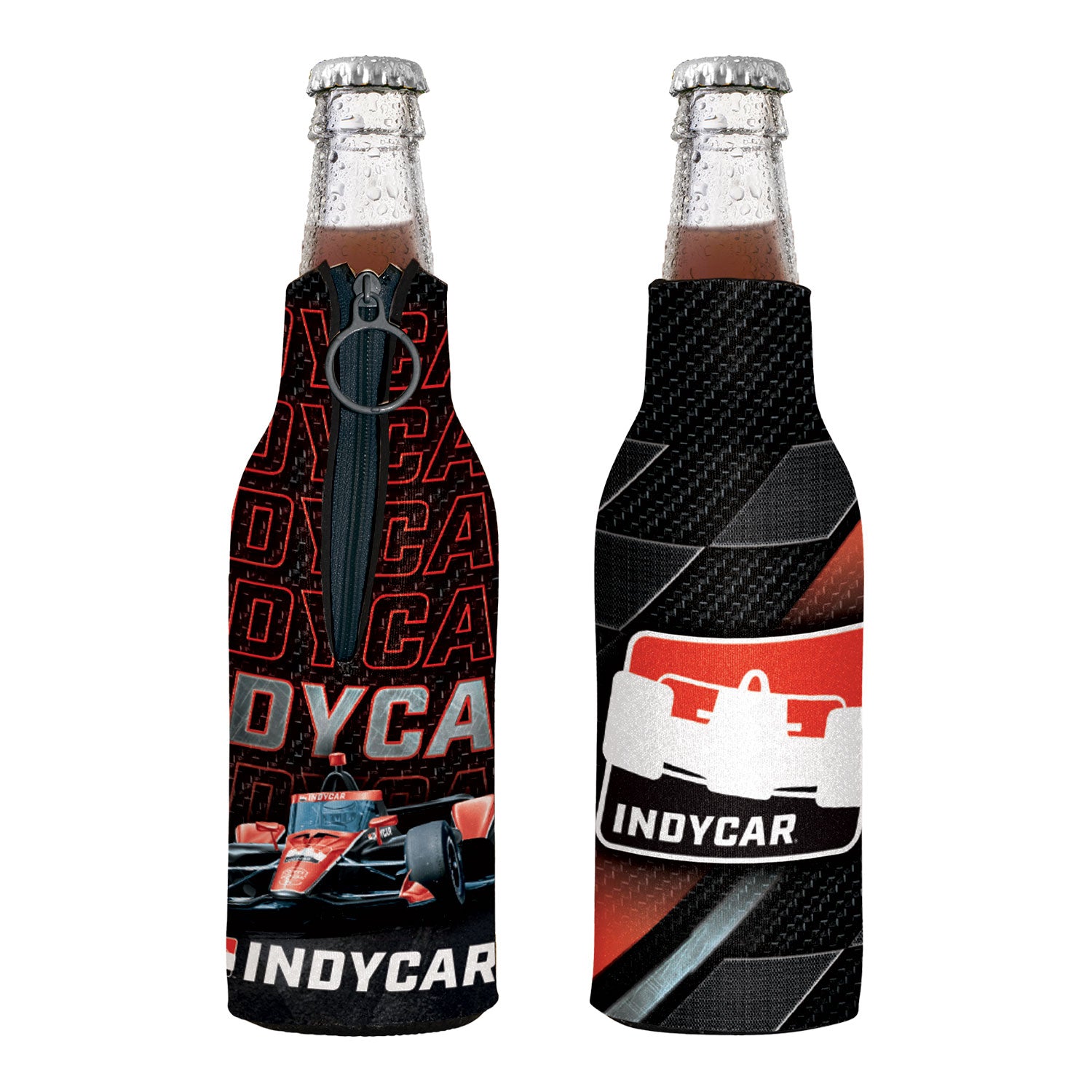 INDYCAR Bottle Cooler in Black and Red - Front and Back View