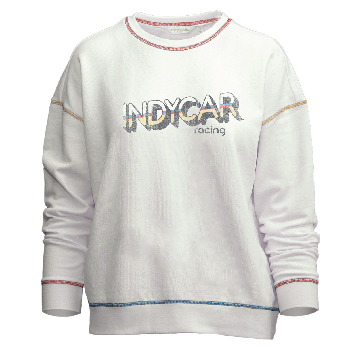 Ladies INDYCAR Racing Rainbow Crewneck Sweatshirt in White - Front View