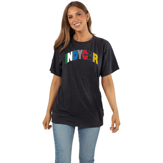 Ladies INDYCAR Race Flags Effortless T-Shirt in Black - Front View