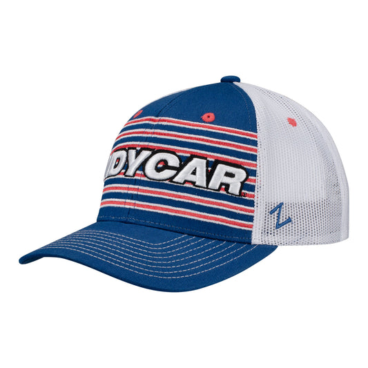 INDYCAR Stripe Snapback Hat in blue and white, front view