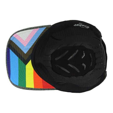 INDYCAR Pride Hat in black with multicolor/rainbow accents, underneath view