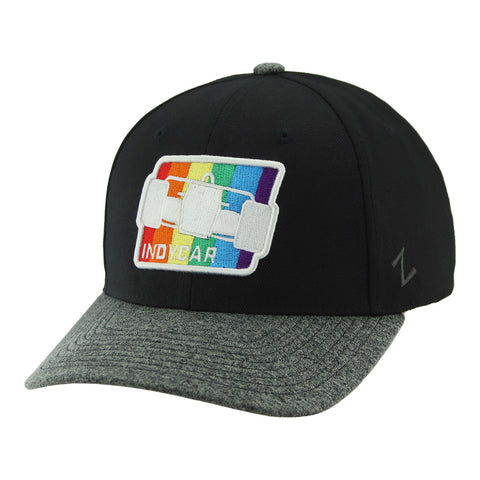 INDYCAR Pride Hat in black with multicolor/rainbow accents, front view