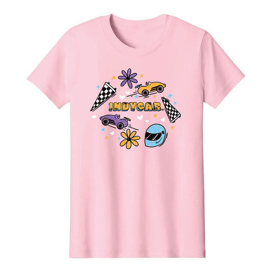 INDYCAR Doodle Icon Girls T-Shirt in Pink - Front View