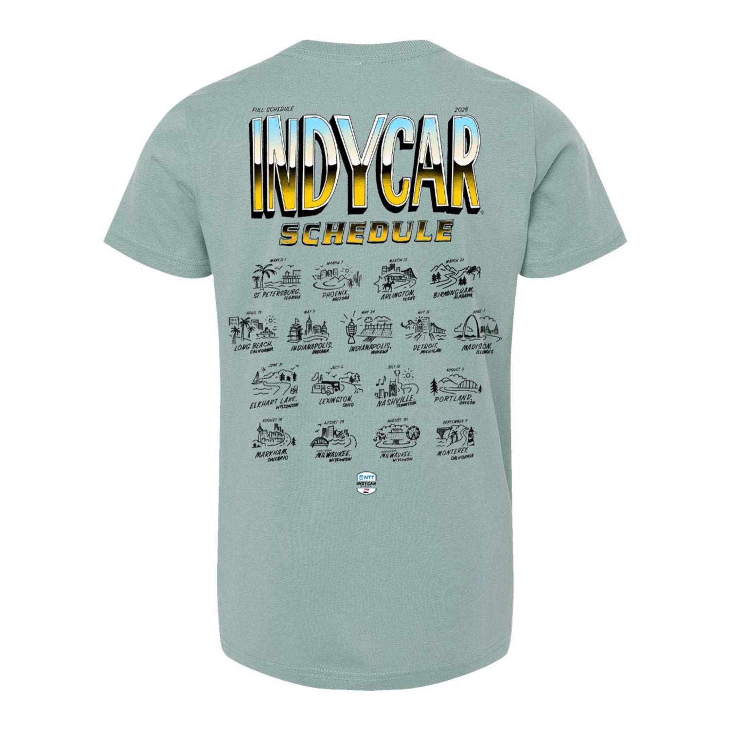 2026 NTT INDYCAR Series Schedule Youth T-Shirt in Green - Back View