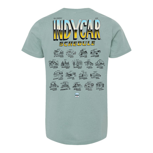 2026 NTT INDYCAR Series Schedule Youth T-Shirt in Green - Back View