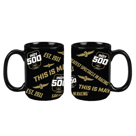 2023 Indy 500 Sublimated Blag Mug in black, front and side view.