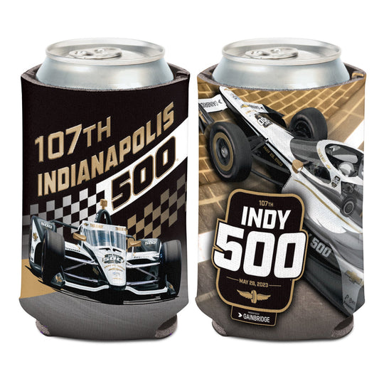 2023 Indy 500 Car Can Cooler in black, front and back view