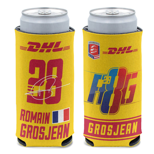 2023 Grosjean Slim Can Cooler in yellow and red, front and back view