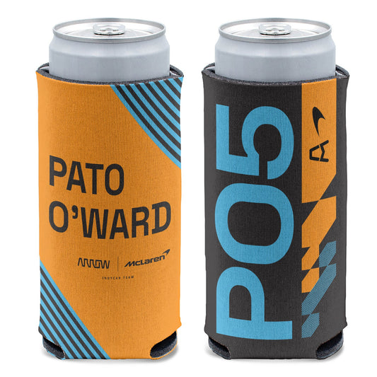2023 O'ward Slim Can Cooler in blue, orange and black - front and back view