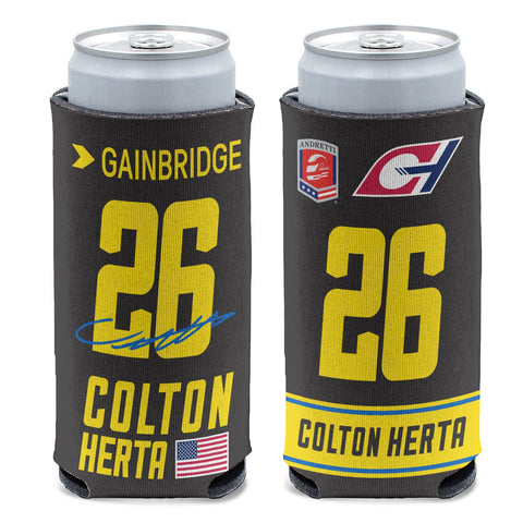 2023 Herta Slim Can Cooler in black and yellow, front and back view