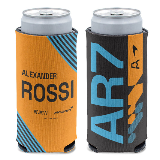 2023 Rossi Slim Can Cooler in orange, blue and black - front and back view