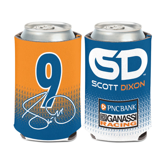 2023 Scott Dixon 12oz Can Cooler in blue and orange, front and back view